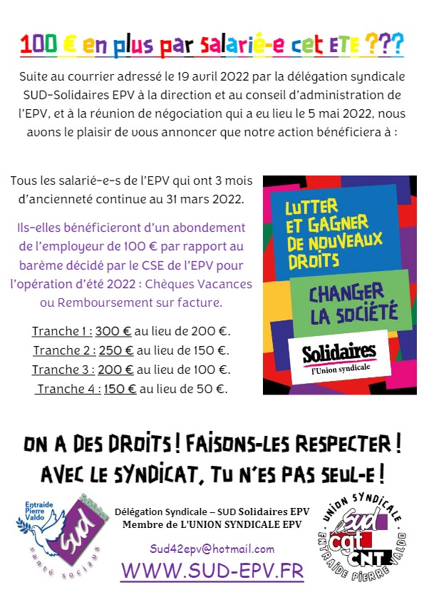 100 € en plus par salarié-e cet ETE, c’est fait !!!