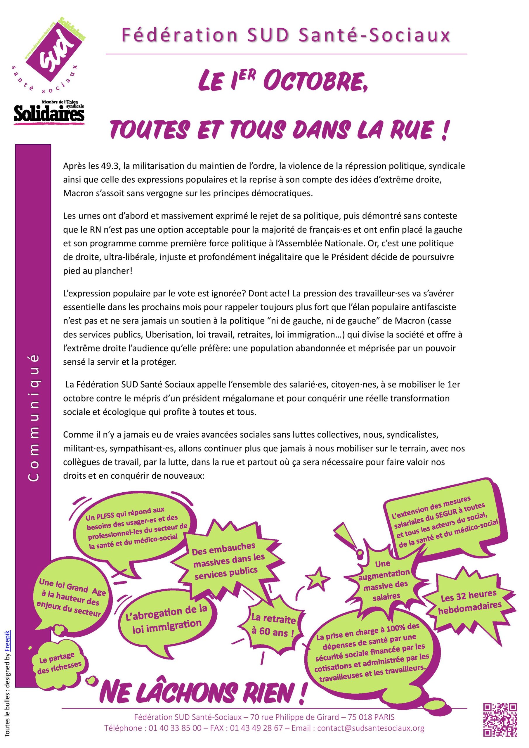 Toutes et tous dans la rue le premier octobre !